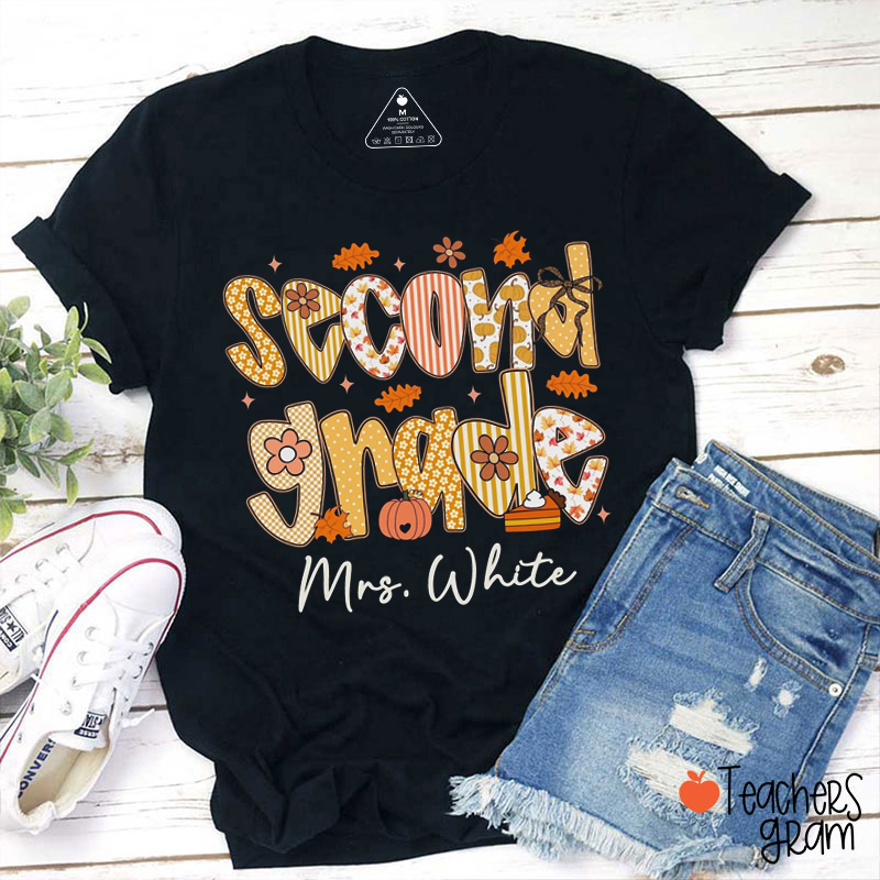 Personalized Name And Grade Leaf Pumpkin Autumn Teacher T-Shirt