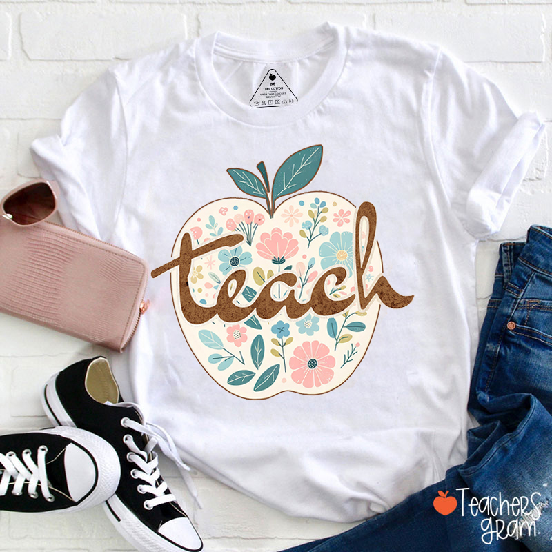 Retro Teach Floral Apple Teacher T-Shirt