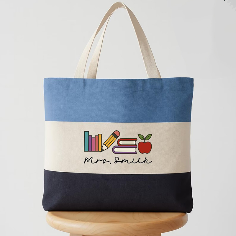 Personalized Name Books Pencil Apple Teacher Tote Bag