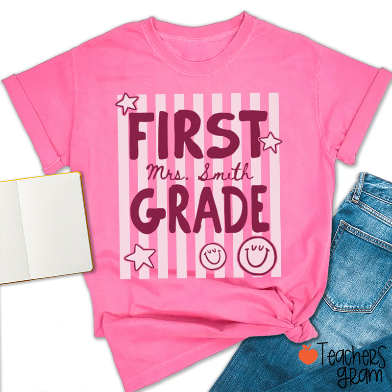 Personalized Colorful Stripe Grade And Name Teacher T-Shirt