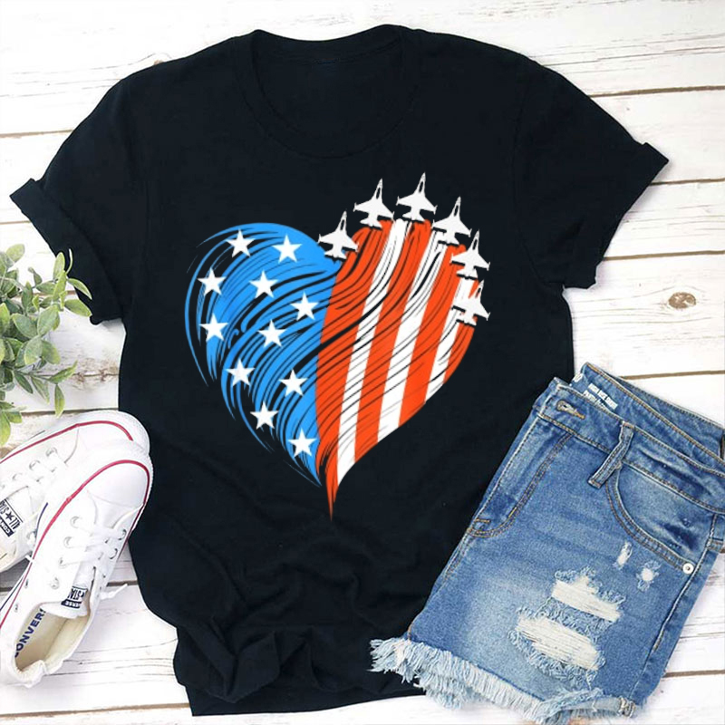 Patriotic Red White Blue USA Flag Fighter Jets Teacher T-Shirt