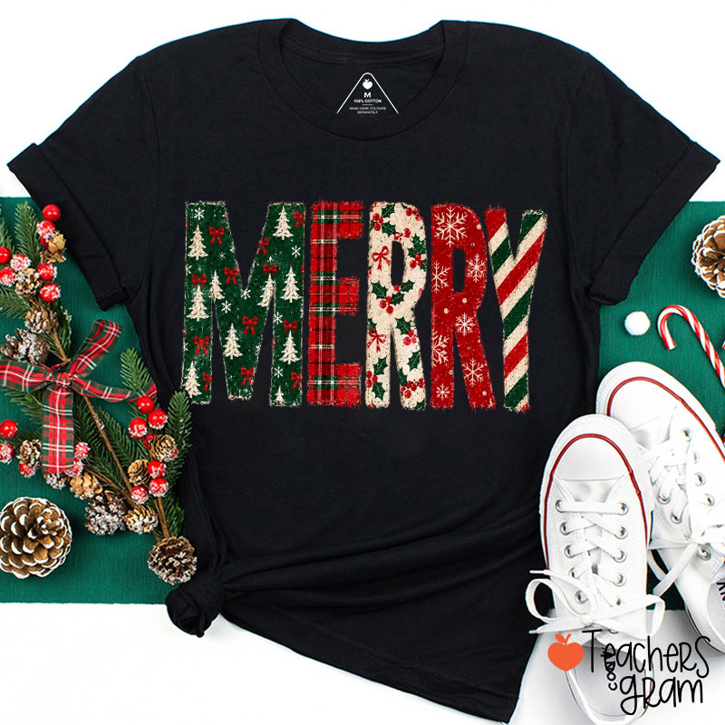 Patterned Merry Christmas Teacher T-Shirt