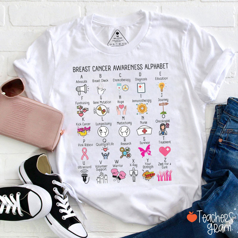 Breast Cancer Awareness Alphabet Teacher T-Shirt