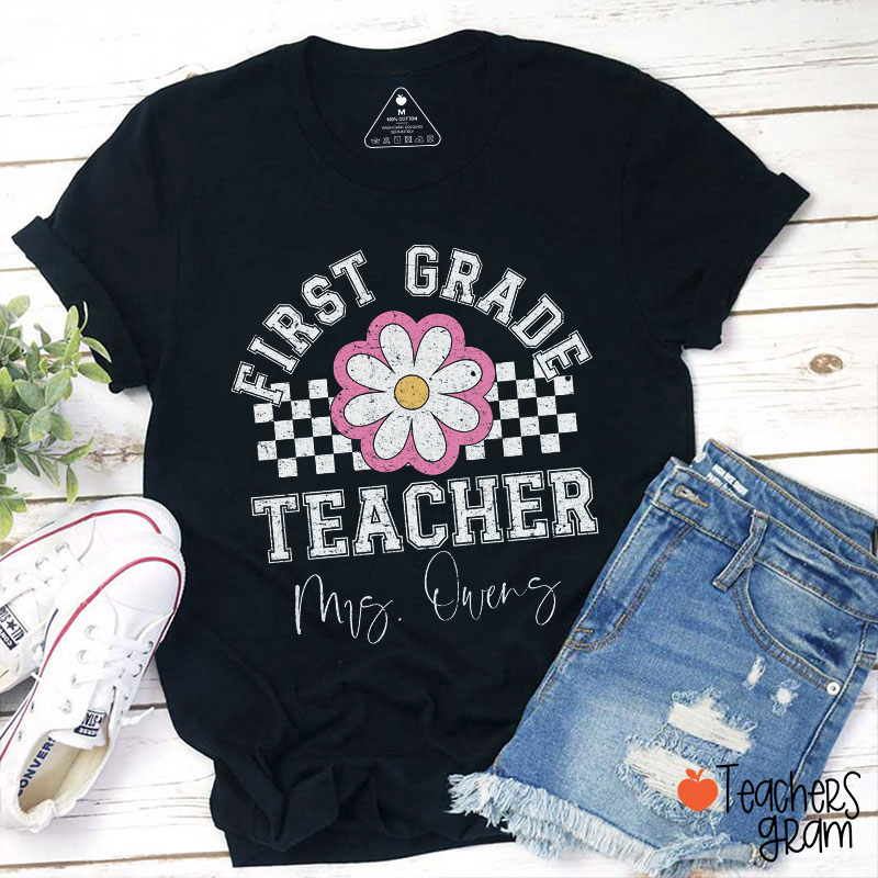 Personalized Grade Name Checkerboard Flowers Teacher T-Shirt