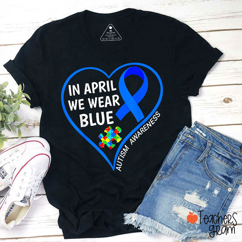 In April We Wear Blue Ribbon Puzzle Teacher T-Shirt