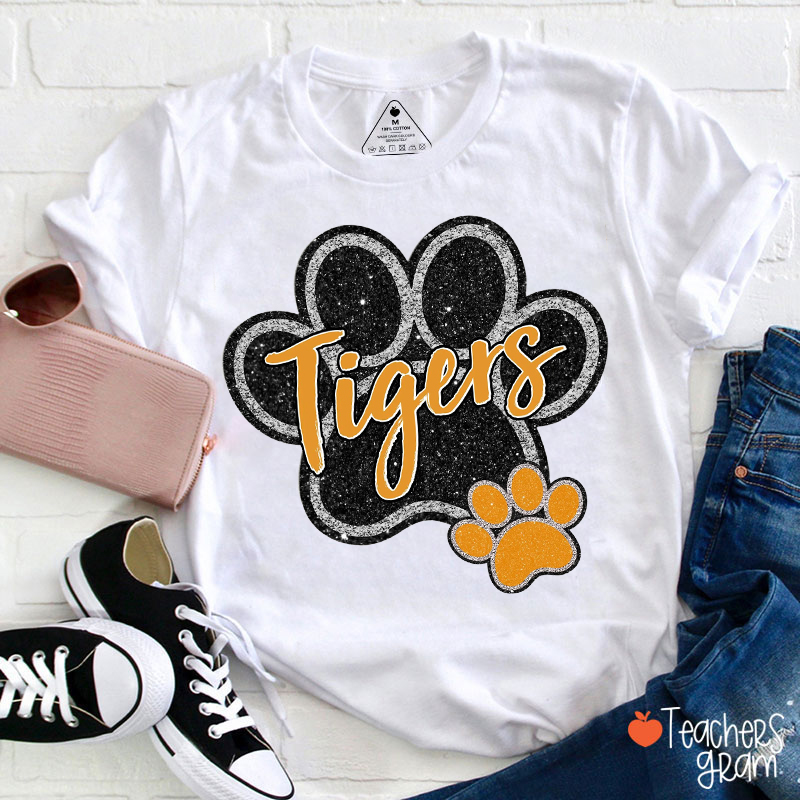 Personalized Mascot Faux Glitter Paw Print Teacher T-Shirt