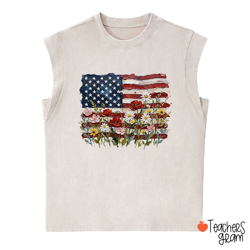 American Flag Floral Teacher Washed Tank Top