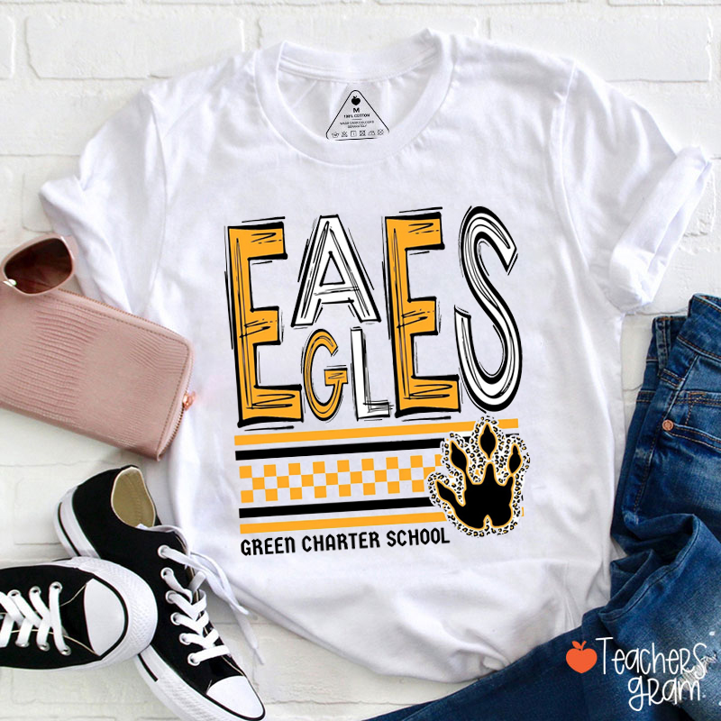 Personalized Mascot Paw And School Name Checkered Design Teacher T-Shirt