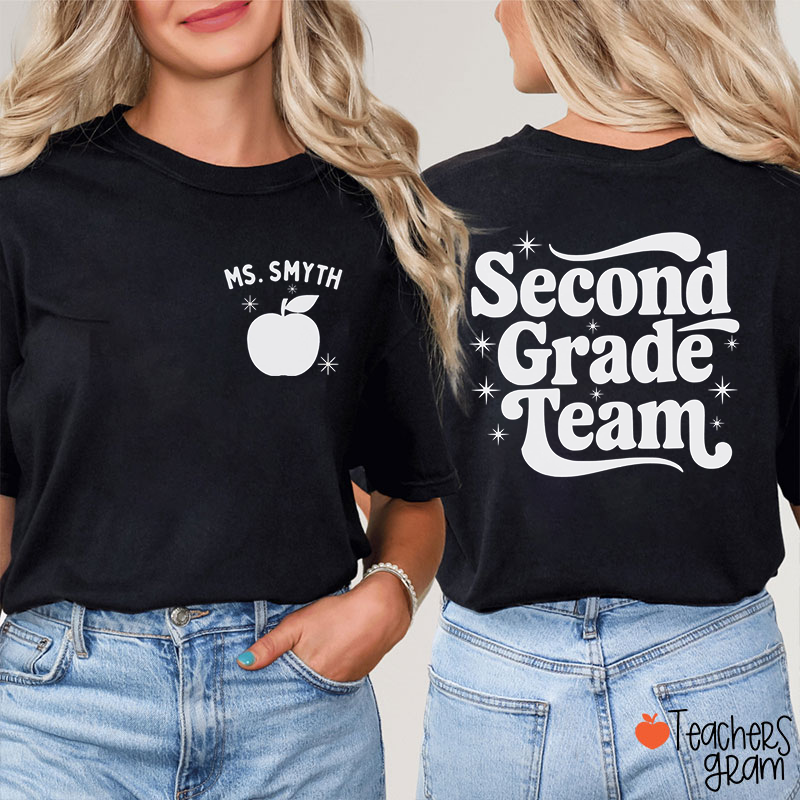 Personalized Grade Name Monochrome Apple Star Teacher Two Sided T-Shirt