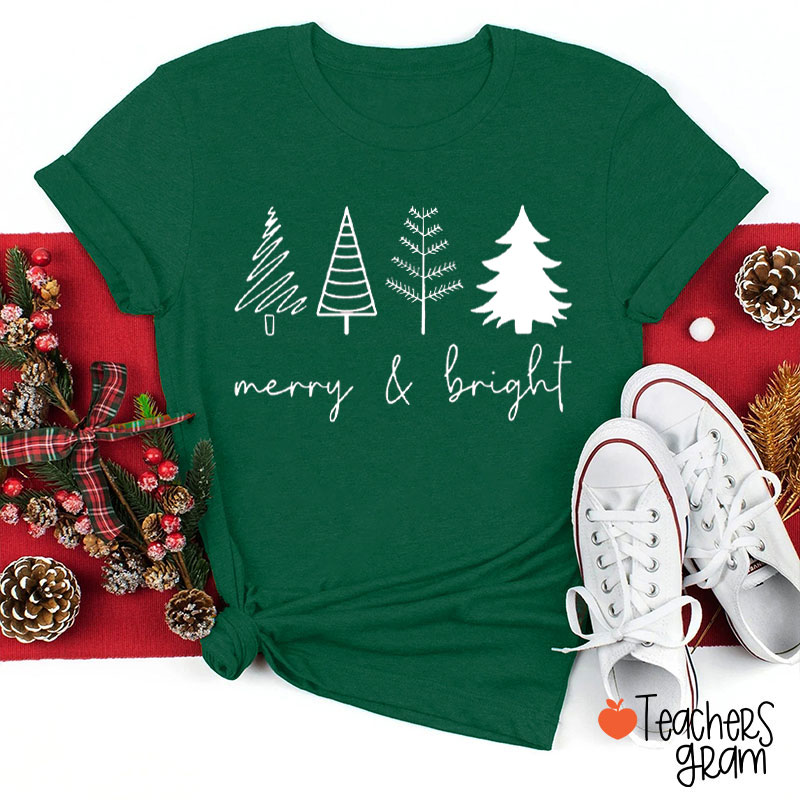 Merry And Bright Christmas Tree Teacher T-Shirt