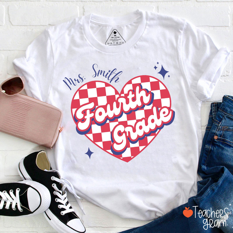 Personalized Grade Name Checkerboard Heart Star Teacher T-Shirt