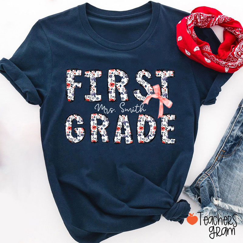Personalized Grade Name Bow Floral Hand-Painted Teacher T-Shirt