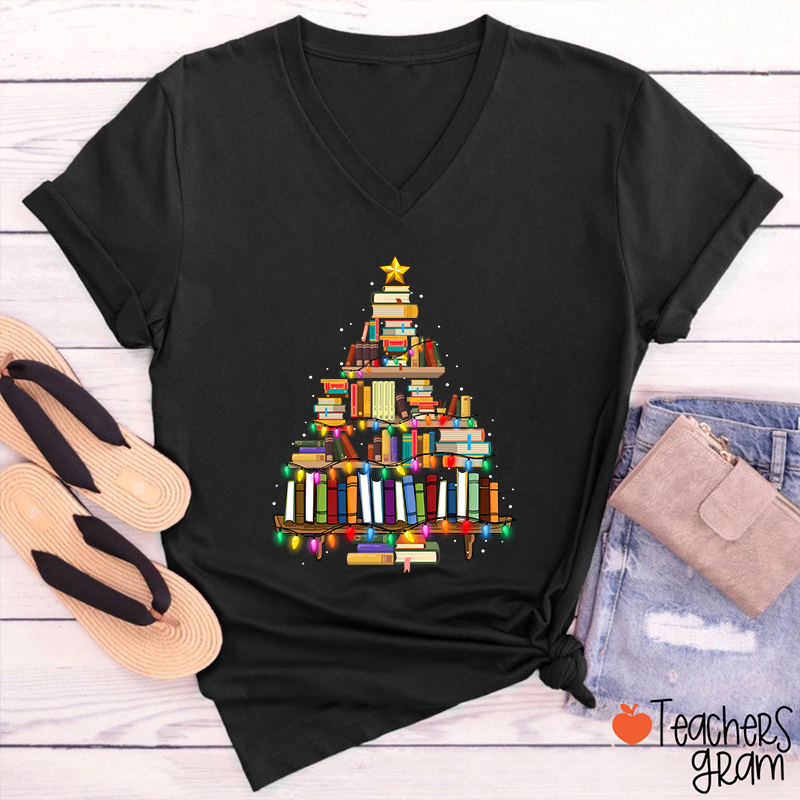 Book Christmas Tree Teacher Female V-Neck T-Shirt