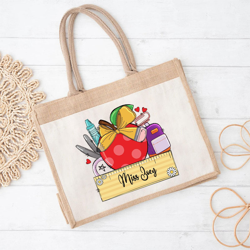 Personalized Name Stationery Apple Love Flower Teacher Jute Lunch Bag