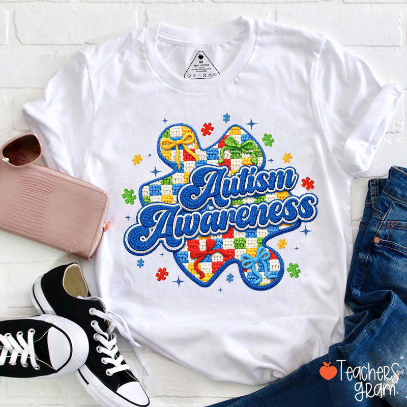 Faux Patchwork Big Puzzle Autism Awareness Teacher T-Shirt