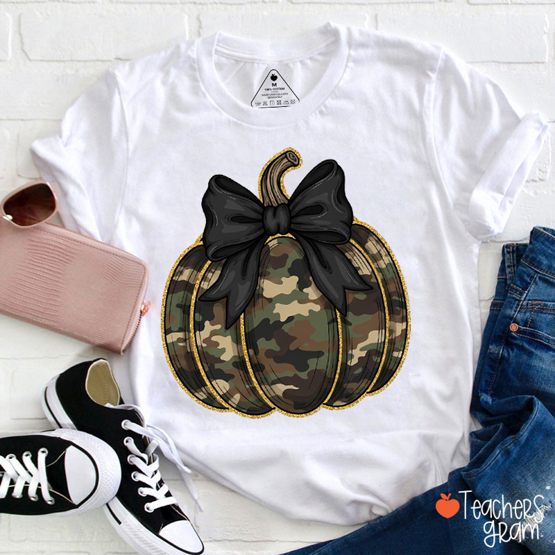 Camouflage Gold-edged Pumpkin Teacher T-Shirt