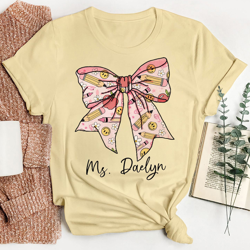 Personalized Pink Smiley Pencil Bow Teacher T-Shirt