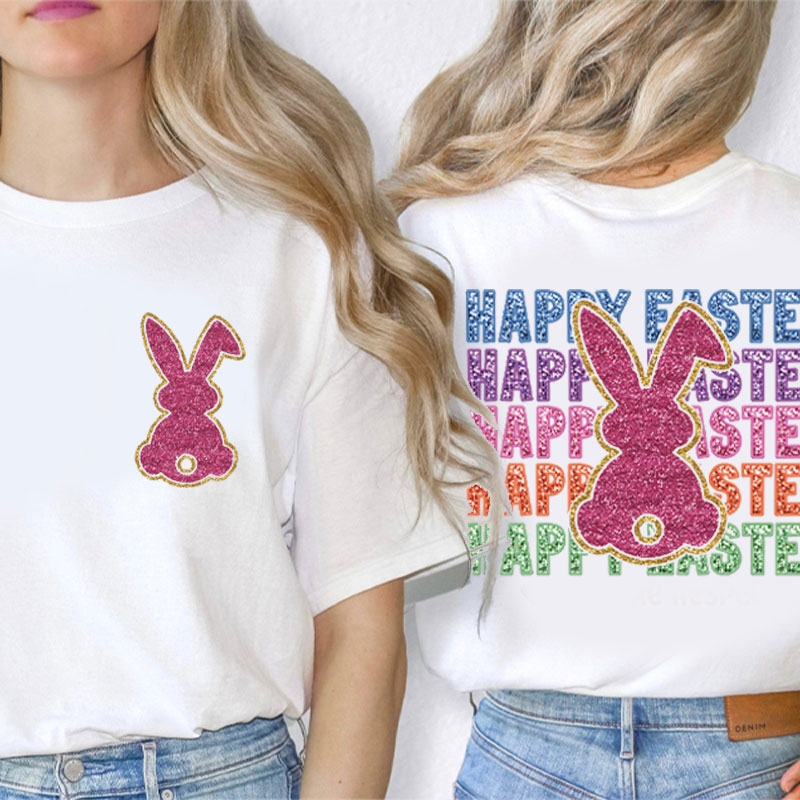 Glitter Cute Bunny Happy Easter Teacher Two Sided T-Shirt