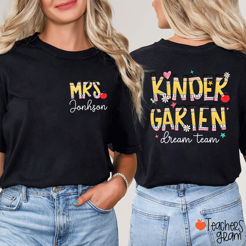 Personalized Grade Name Pencil Heart Flower Star Apple Teacher Two Sided T-Shirt