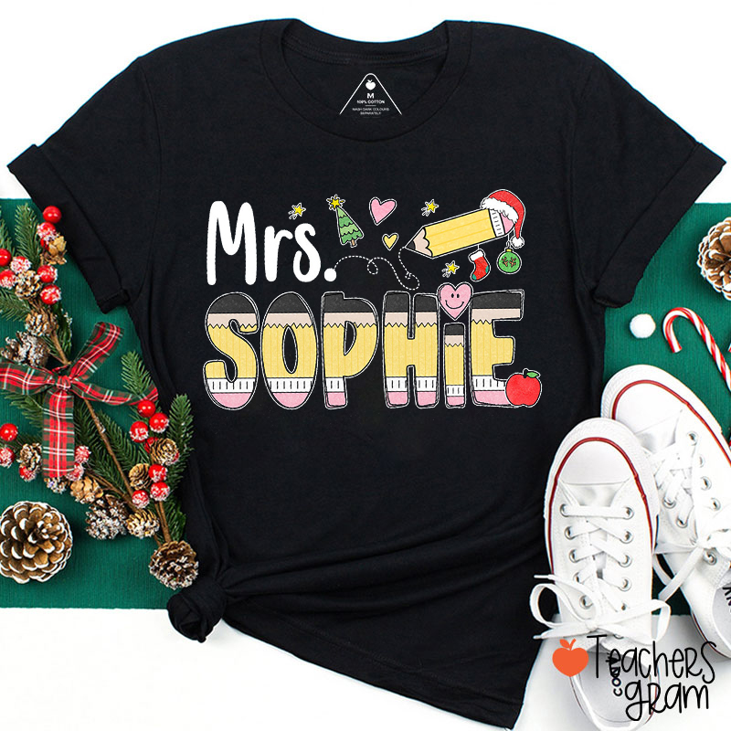 Personalized Name Pencil With Santa Hat Teacher T-Shirt