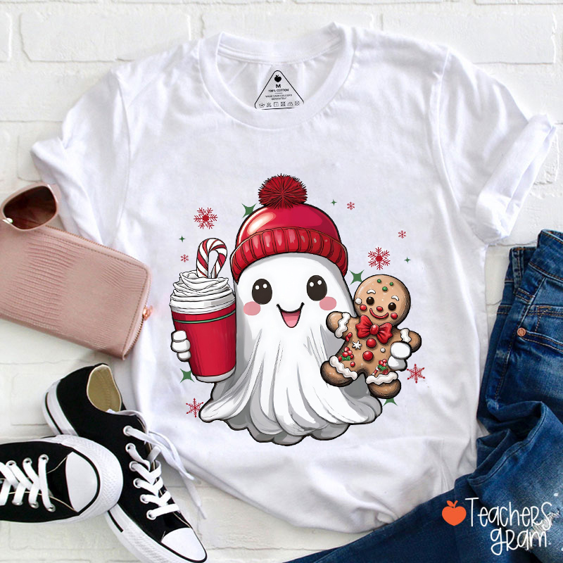 Ghost Drink Coffee Gingerbread Christmas Teacher T-Shirt