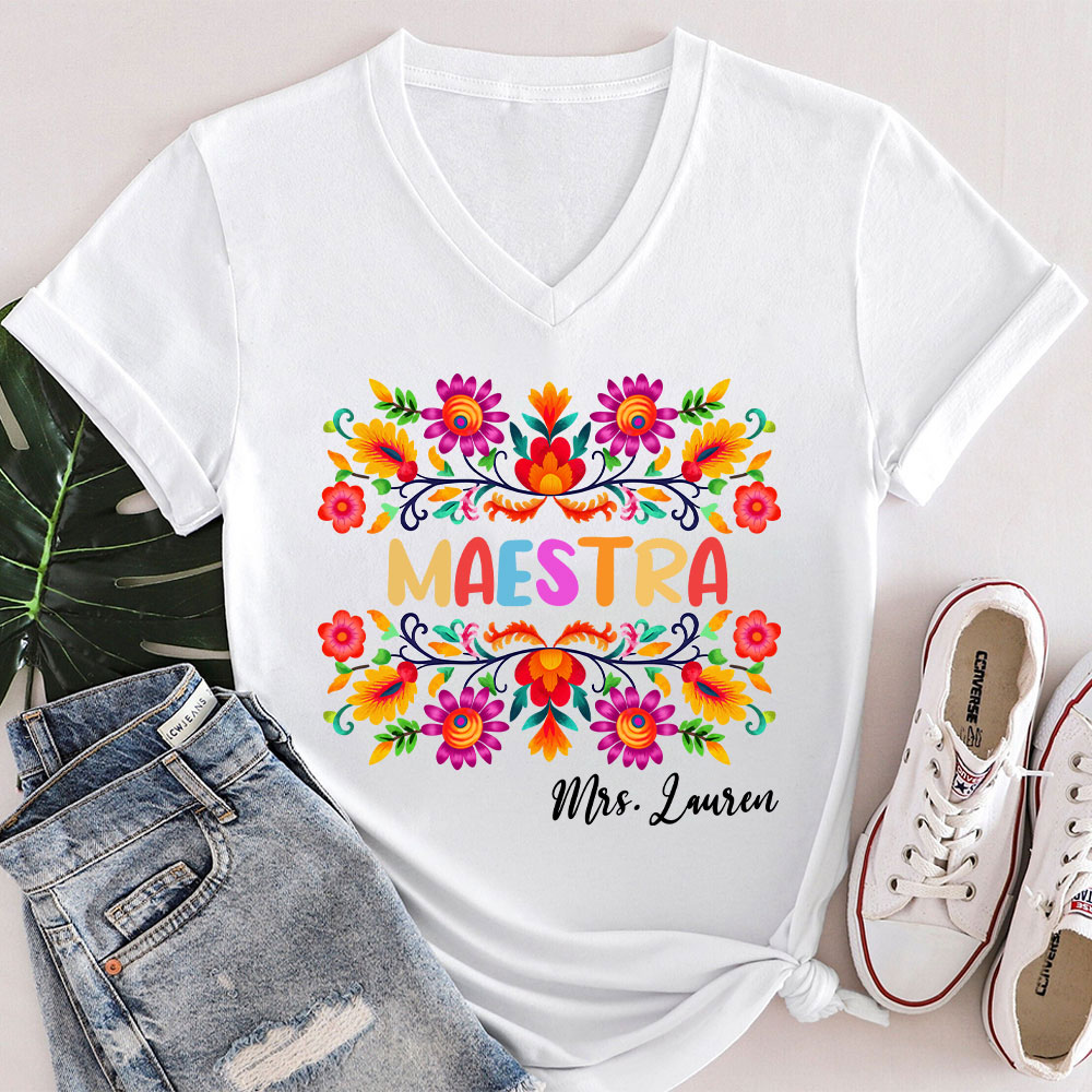 Personalized Name Maestra Teacher Female V-Neck T-Shirt