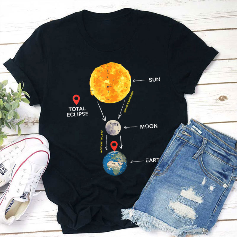 Sun Moon Earth Total Solar Eclipse 2024 Teacher T-Shirt