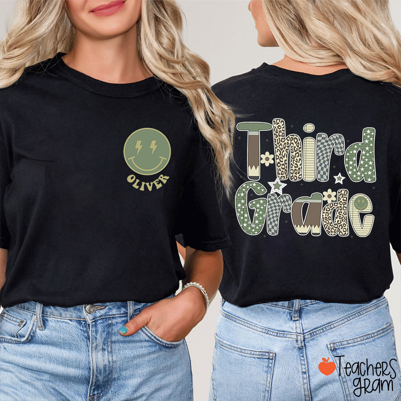 Personalized Grade Smiley Green Leopard Print Flowers Stars Teacher Two Sided T-Shirt