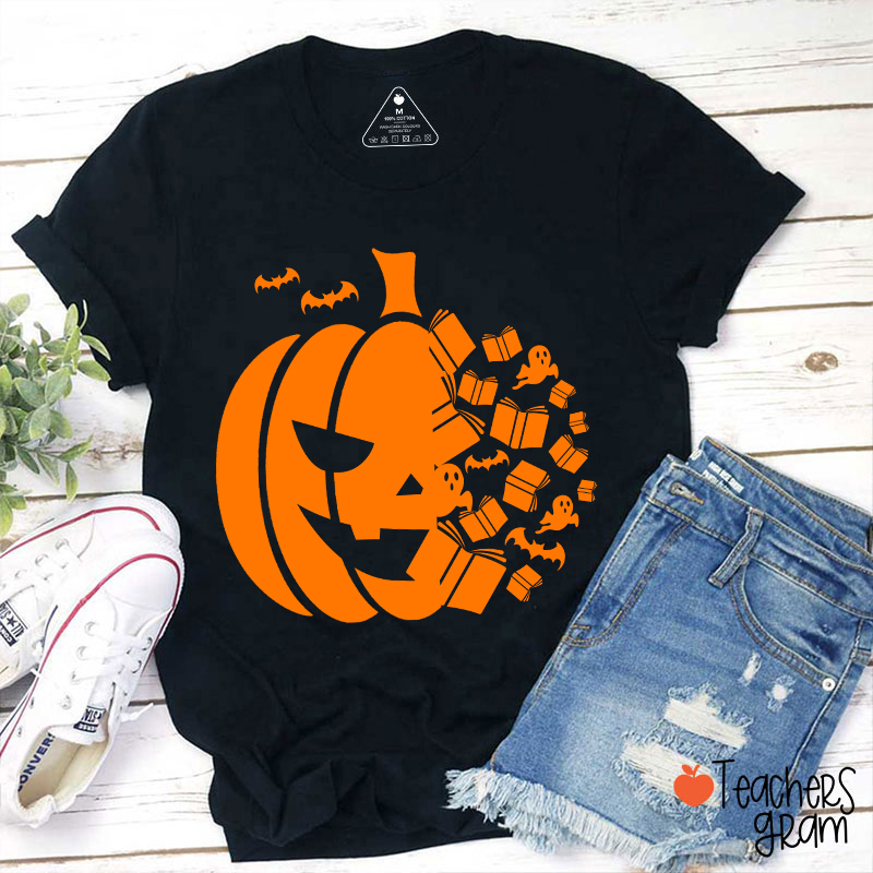Scary Pumpkin Ghost Bat Halloween Teacher T-Shirt