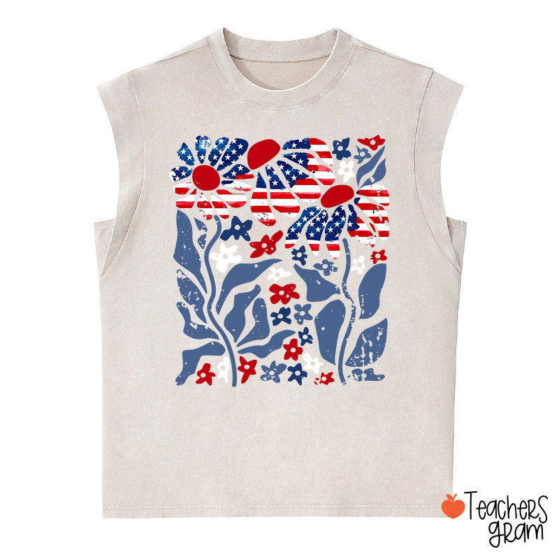Boho Patriotic Daisy American Flag Floral Teacher Washed Tank Top