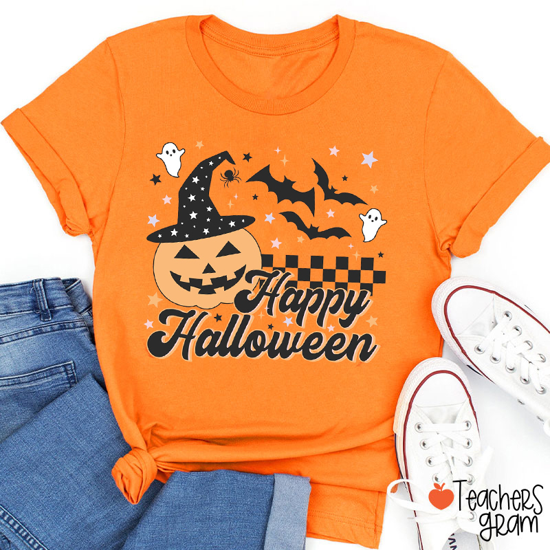 Happy Halloween Checkered Pumpkin Teacher T-Shirt