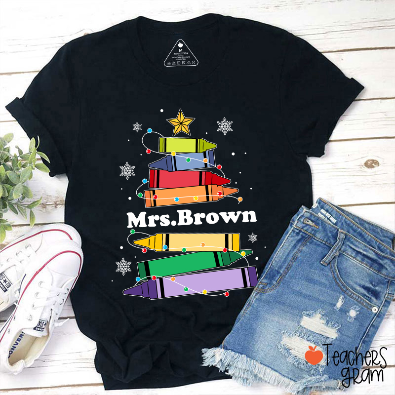 Personalized Name Pencil Christmas Tree Teacher T-Shirt