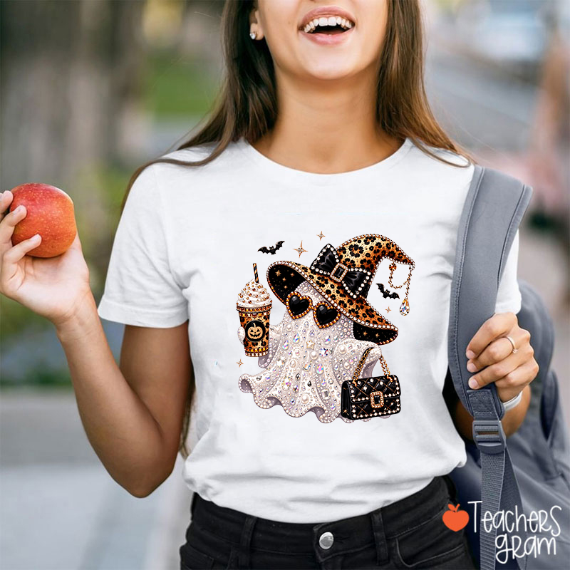 Faux Bling Ghost Coffee Witch Teacher T-Shirt