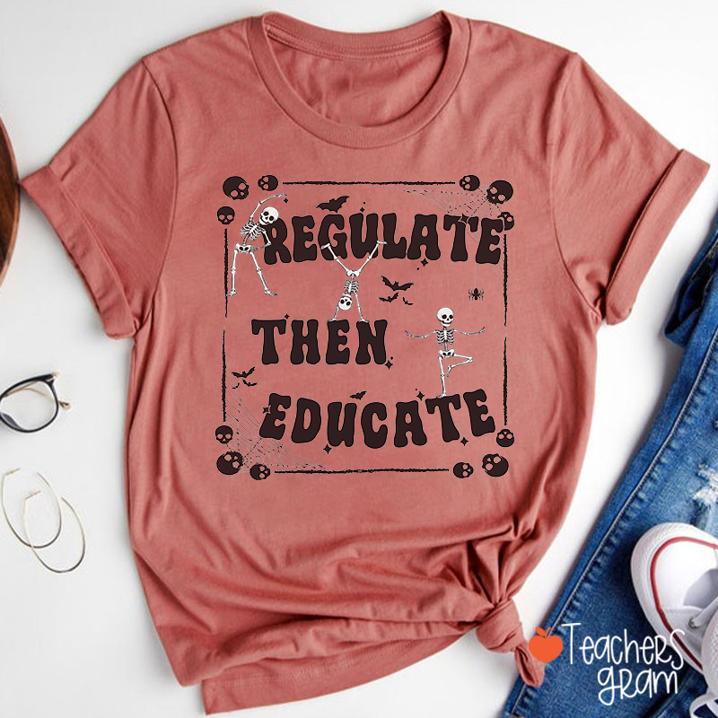 Regulate Then Educate Vintage Dancing Skeleton Bat Halloween Teacher T-Shirt