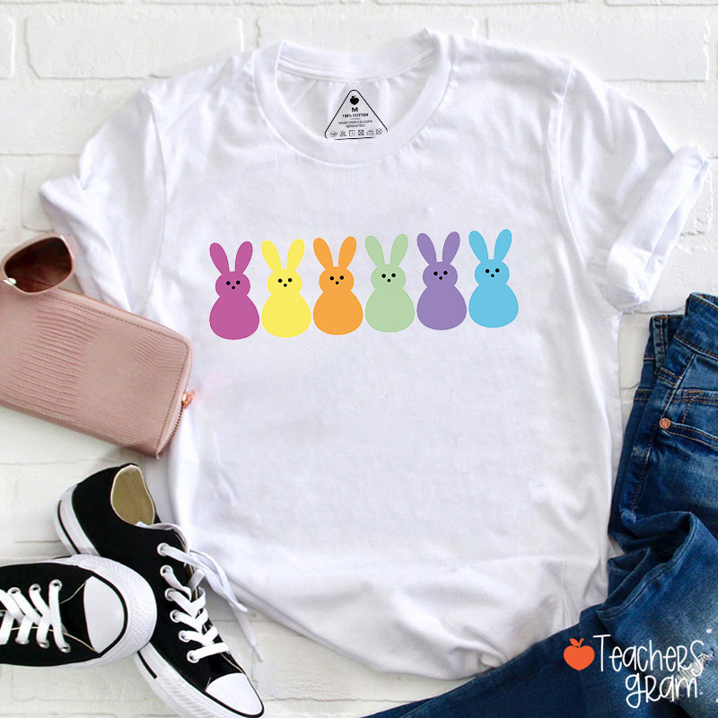 Colorful Bunny Hoppy Easter Teacher T-Shirt
