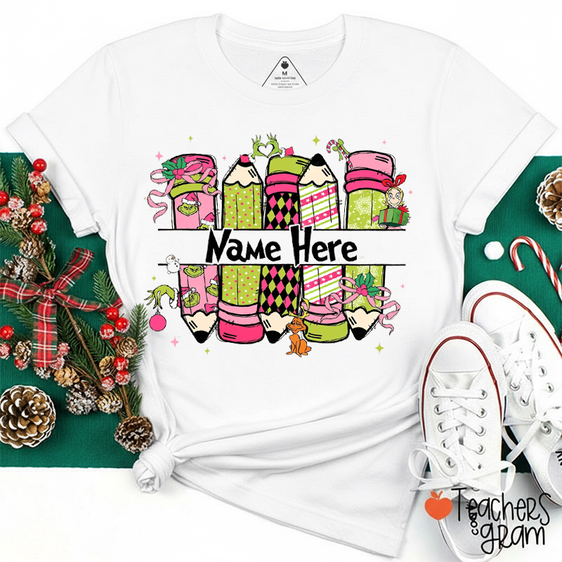 Personalized Name Green Guy Pencil Teacher T-Shirt