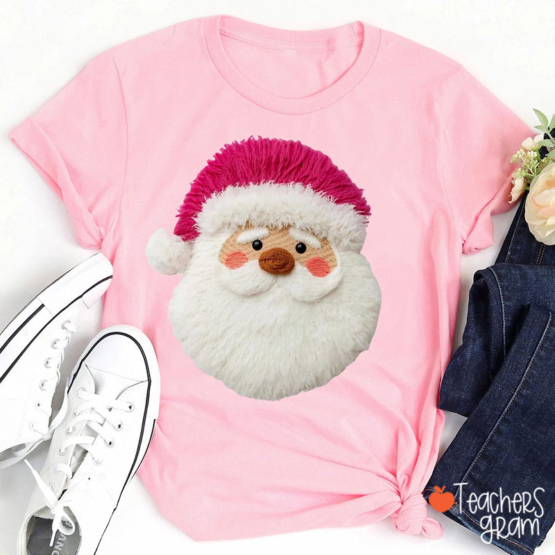 Faux Yarn Santa Pink Hat Teacher T-shirt
