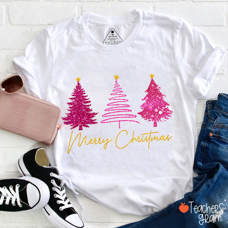 Glitter Pink Christmas Tree Merry Christmas Teacher T-Shirt