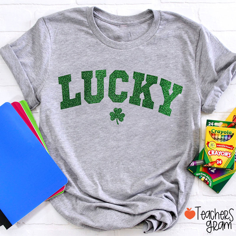 Glitter Lucky Four Leaf Clover Teacher T-Shirt