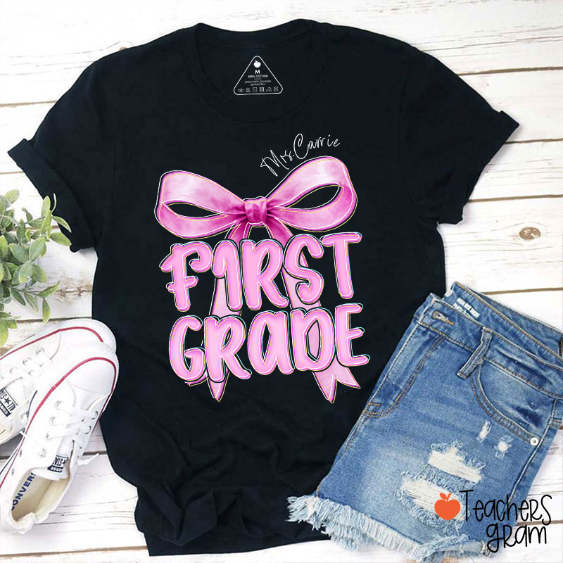 Personalized Grade And Name Pink Bow Teacher T-Shirt