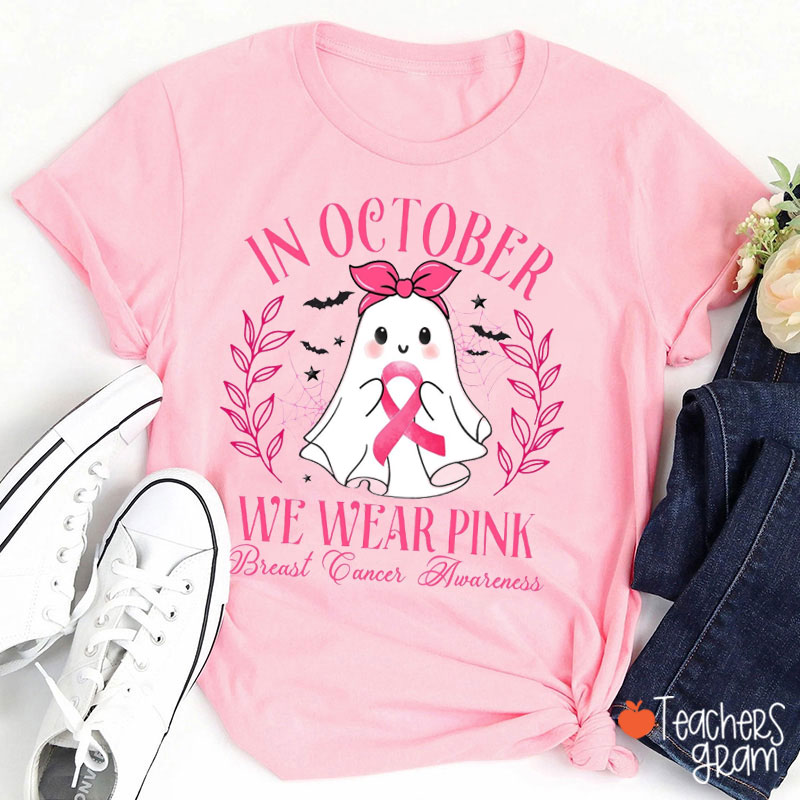 Halloween Ghost Breast Cancer Awareness Teacher T-Shirt
