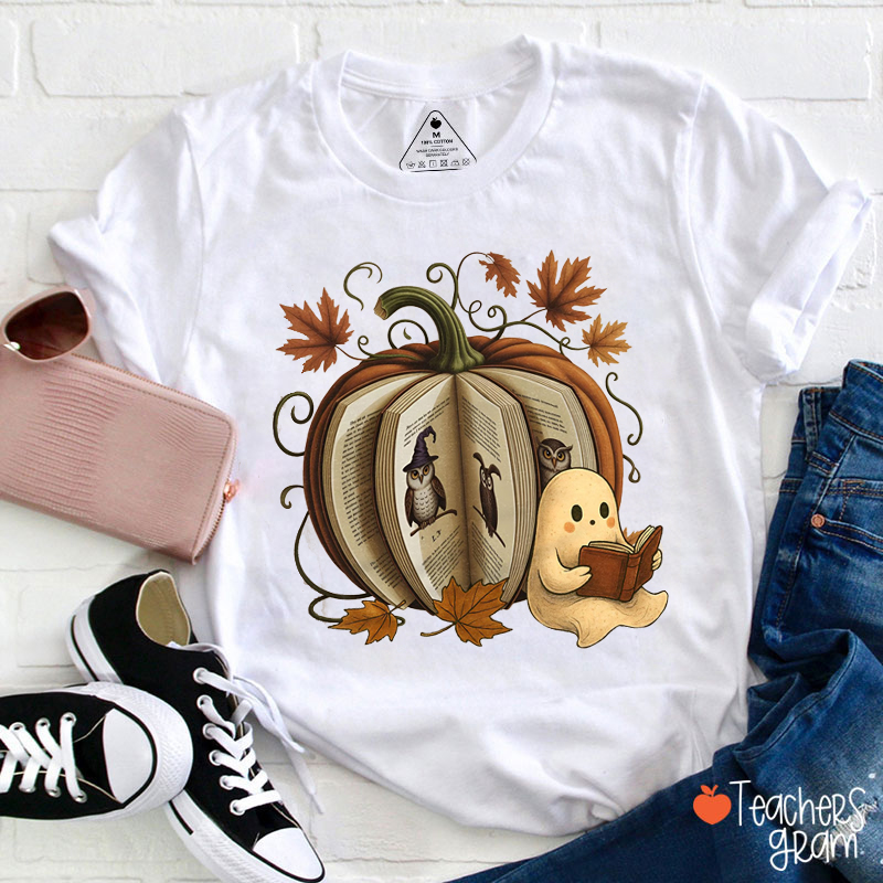 Fall Book Pumpkin Reading Ghost Teacher T-Shirt