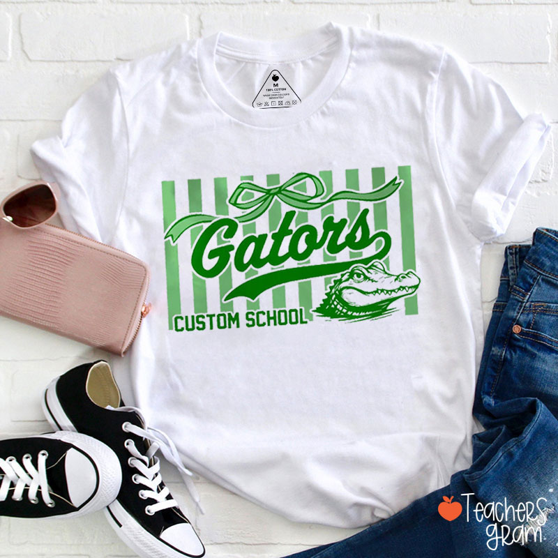 Personalized Mascot Stripes And Bow Teacher T-Shirt