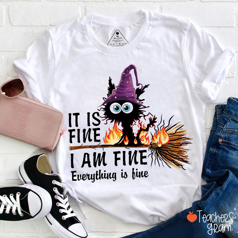 It Is Fine I Am Fine Everything Is Fine Halloween Broom Cat Teacher T-Shirt