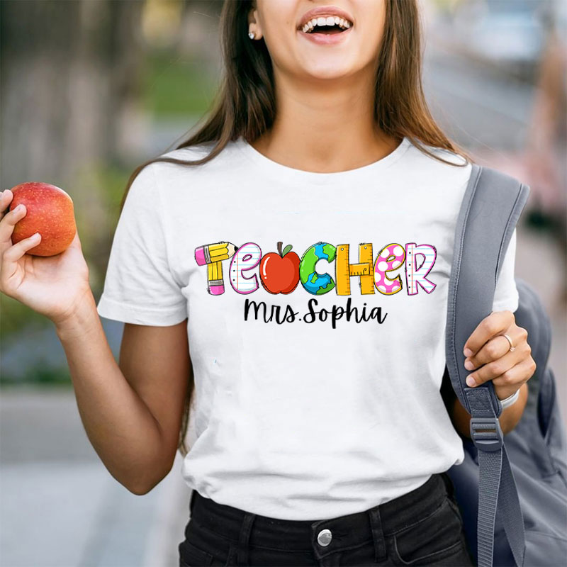 Personalized Teacher Love Inspire Care With Apple And Pen Teacher T-Shirt