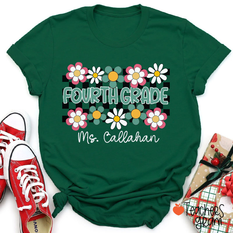 Personalized Grade And Name Checkered Flowers Teacher T-Shirt