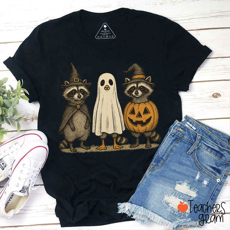 Boo Ghost Raccoon Teacher T-Shirt
