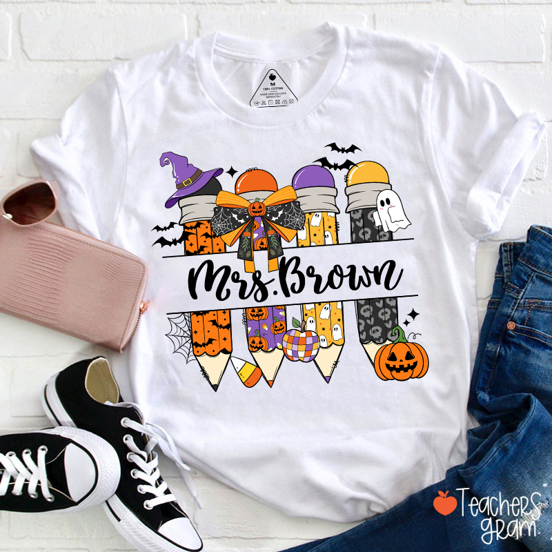 Personalized Name Pumpkin Ghost Pencil Teacher T-Shirt