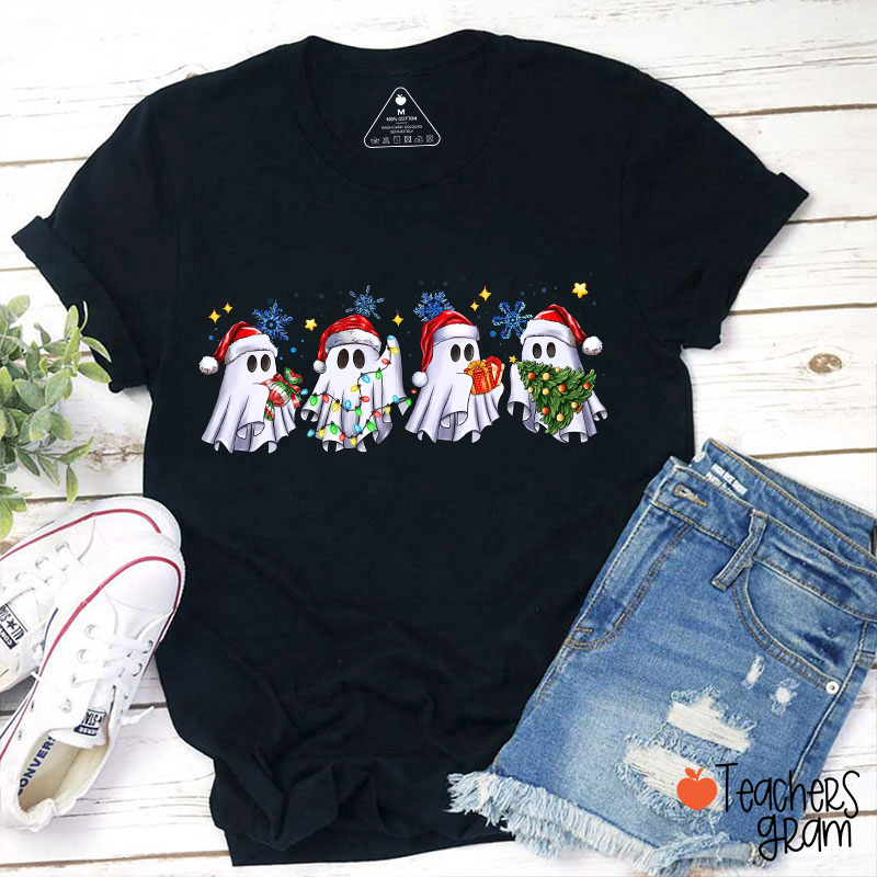 Ghost With Santa Hat Snowflake Teacher T-Shirt