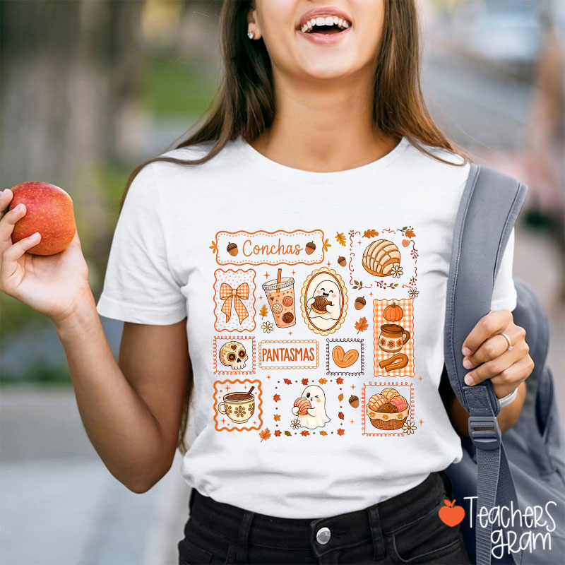 Cute Ghost Conchas Pan Dulce Fall Teacher T-Shirt